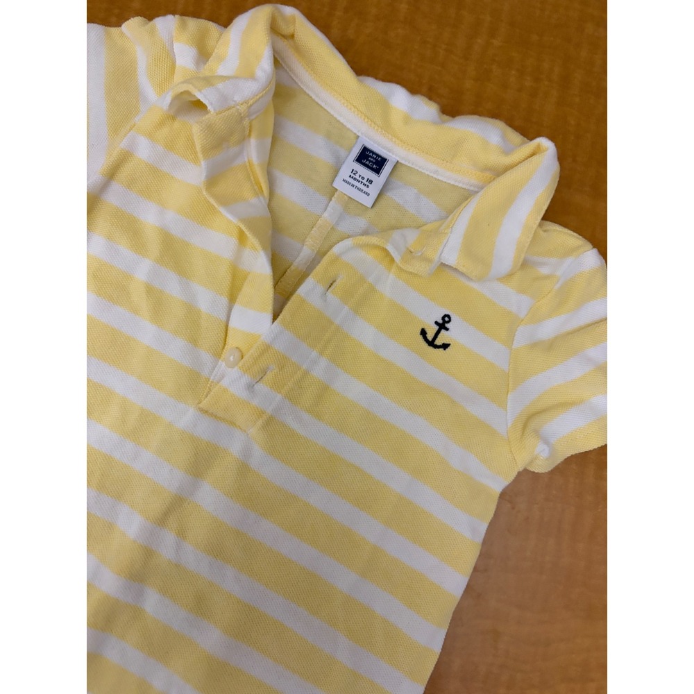 Janie and Jack Boys Yellow White Striped Anchor Polo Romper 12-18 Months